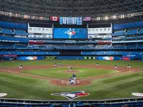 The Toronto Blue Jays play an intrasquad game at Rogers Centre on July 9, 2020.