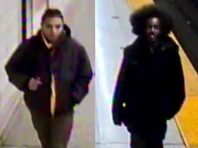 Images released of two suspects sought for an attack on a man, 46, at Dundas West TTC station on Friday, Nov. 27, 2020.