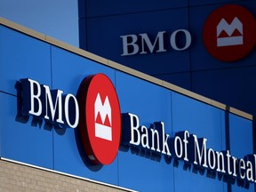 A Bank of Montreal (BMO) logo is seen outside of a branch in Ottawa, Ontario, Canada, on Feb. 14, 2019.