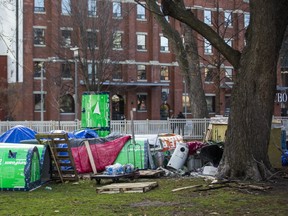 A homeless encampment at Clarence Square park near Spadina Ave. and Front St. W. in Toronto, Ont., on Saturday, Dec. 5, 2020.