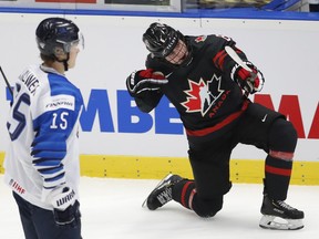 Canada’s Jamie Drysdale celebrates after scoring during the team’s semifinal win over Finland at last year’s world junior championship in Ostrava, Czech Republic.