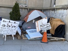 A homeless man known as Graffiti Guy, who was turfed from the COVID emergency shelter at the Roehampton Hotel in midtown Toronto, has set up camp on Yonge St. just north of Eglinton Ave.