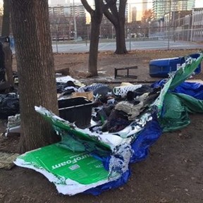An area resident says the inhabitants of a tent city in Moss Park have destroyed many of the winter-proofed Durofoam pods supplied by the Encampment Support Network.