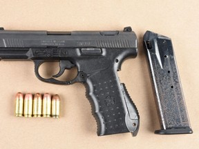 A loaded .45-calibre handgun that was allegedly seized during a RIDE check in Brampton on Dec. 6, 2020.