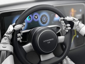 A 3D illustration of robotic hands on a steering wheel while driving an autonomous car.