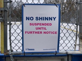 A City of Toronto sign at an outdoor rink indicates shinny is not allowed.