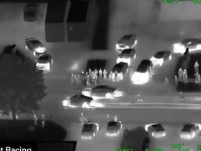 A screengrab from video captured by the York Regional Police helicopter of drag racing, part of a highlight reel of crime spotted from the sky in 2020.