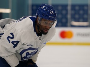 Leafs winger Wayne Simmonds skates during practice.