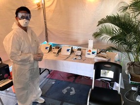 A medical worker stands at the COVID-19 test centre, after a number of passengers on the cruise were tested positive for the coronavirus disease (COVID-19), in Barbados, November 7, 2020.