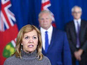 Ontario Health Minister Christine Elliott holds a press conference regarding new restrictions at Queen's Park during the COVID-19 pandemic in Toronto on Friday, Oct. 2, 2020.