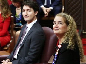 Prime Minister Justin Trudeau and then Governor General Julie Payette wait to deliver the throne speech in the Senate chamber on Dec. 5, 2019 in Ottawa.