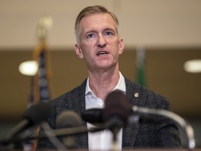 Portland Mayor Ted Wheeler speaks to the media at City Hall on August 30, 2020 in Portland.