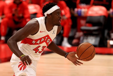 Raptors Pascal Siakam  brings the ball up during a game against the Boston Celtics at Amalie Arena on Jan. 04, 2021 in Tampa, Fla.