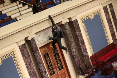A protester is seen hanging from the balcony in the Senate Chamber on January 06, 2021 in Washington, DC. 
(Photo by Win McNamee/Getty Images)
