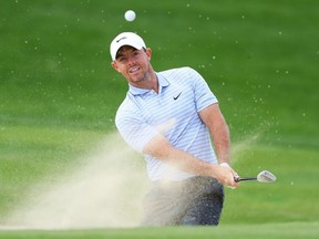 Rory McIlroy of Northern Ireland plays out of a bunker on the 2nd hole during Day 2 of the Abu Dhabi HSBC Championship at Abu Dhabi Golf Club on January 22, 2021 in Abu Dhabi, United Arab Emirates.