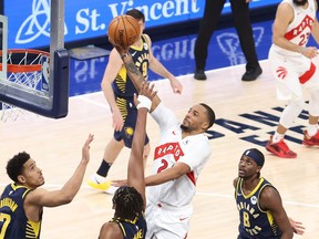 Norman Powell #24 of the Toronto Raptors shoots the ball against the Indiana Pacers on Monday. The Raptors lost the game.