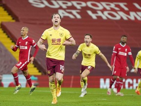 Burnley striker Ashley Barnes celebrates scoring agianst Liverpool on Thursday.