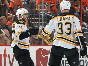 Patrice Bergeron (left) has replaced Zdeno Chara as Bruins’ captain.