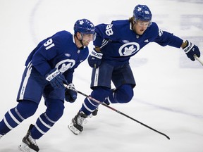 Though they’ve been productive on the power play, John Tavares (left) and linemate William Nylander have just two even-strength points apiece in five games.
