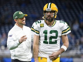 Over two seasons, Packers head coach Matt LaFleur (left) and quarterback Aaron Rodgers are 28-7.