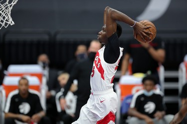 Jan 8, 2021; Sacramento, California, USA; Toronto Raptors forward Chris Boucher (25) dunks the ball during the first quarter against the Sacramento Kings at Golden 1 Center. Mandatory Credit: Sergio Estrada-USA TODAY Sports ORG XMIT: IMAGN-443613