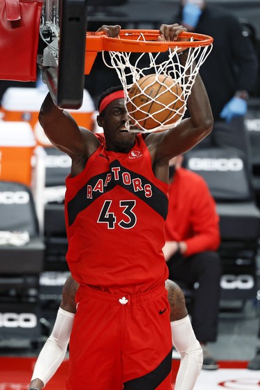 Jan 11, 2021; Portland, Oregon, USA; Toronto Raptors power forward Pascal Siakam (43) dunks the ball against the Portland Trail Blazers during the second half at Moda Center. Mandatory Credit: Soobum Im-USA TODAY Sports ORG XMIT: IMAGN-443636