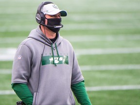 New York Jets head coach Adam Gase looks on during the first half of the game against the New England Patriots at Gillette Stadium on Jan. 3, 2021 in Foxborough, Mass.