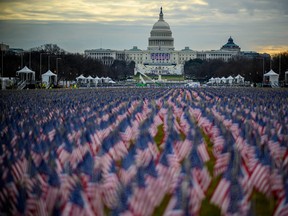Thousands of flags creating a "field of flags" are seen on the National Mall ahead of Joe Biden's swearing-in inauguration ceremony as the 46th president in Washington on January 18, 2021.