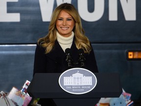 U.S. First Lady Melania Trump addresses the Marines Toys for Tots drive at Joint Base Base Anacostia Bolling in Washington, D.C. December 8, 2020.