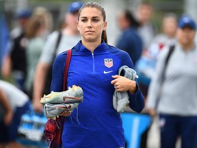 In this file photo taken on July 1, 2019 United States forward Alex Morgan arrives for a training session in Lyon, during the 2019 Women's World Cup.