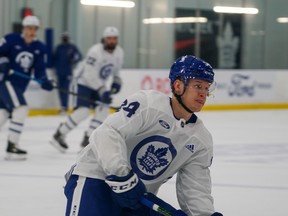 It seems as though newcomer Alex Barabanov, seen here at training camp, has sewn up a spot at least on the Maple Leafs' fourth line, despite having no NHL experience.