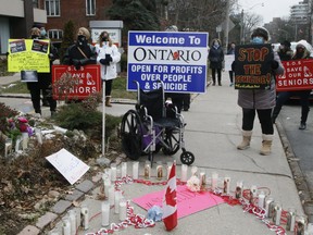 According to figures provided by the province, and updated Sunday morning, there are 245 LTC homes in outbreak. That's nearly 40% of all LTC homes in the province. A rally was staged at St. George Care Community long-term care home in Toronto on Sunday, Jan. 10, 2021.