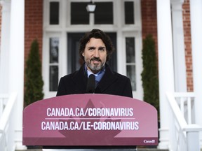 Prime Minister Justin Trudeau provides an update on the COVID-19 pandemic from Rideau Cottage in Ottawa on Tuesday, Jan. 11, 2021.