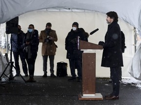 Prime Minister Justin Trudeau holds a press conference at Rideau Cottage in Ottawa on Tuesday, Jan. 5, 2021.