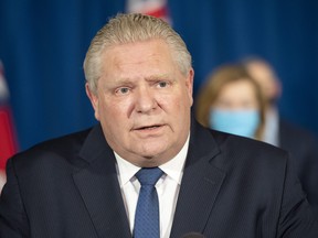 Ontario Premier Doug Ford speaks at Queen’s Park in Toronto on Tuesday, January 12, 2021.