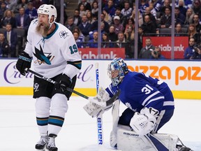 Maple Leafs goalkeeper Frederik Andersen says former Western Conference foe Joe Thornton was a load to handle when the big forward parked himself near the crease. Andersen adds that he is glad he doesn’t have to face him side this coming season.