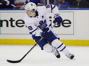 Maple Leafs' Mitch Marner looks to pass during a game against the New York Rangers on Wednesday, Feb. 5, 2020, in New York.