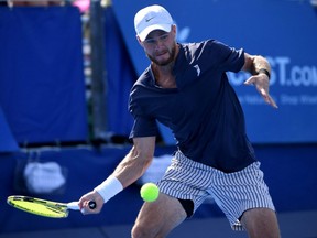 Christian Harrison plays a forehand against Gianluca Mager during the quarterfinals of the Delray Beach Open at in Delray Beach, Fla., on Monday, Jan. 11, 2021.