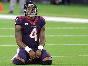 Deshaun Watson of the Houston Texans reacts to a play during a game against the Tennessee Titans at NRG Stadium on January 3, 2021 in Houston.
