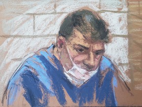 Eduard Florea appears during a virtual hearing on weapons charges in a New York court in this January 13, 2021 courtroom sketch.