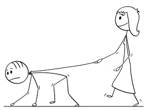 Cartoon stick drawing conceptual illustration of woman walking with man on a leash.