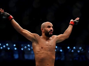 Ottman Azaitar of Morocco celebrates victory against Teemu Packalen of Finland in their Lightweight Bout during the UFC 242 event at The Arena on September 07, 2019 in Abu Dhabi, United Arab Emirates.