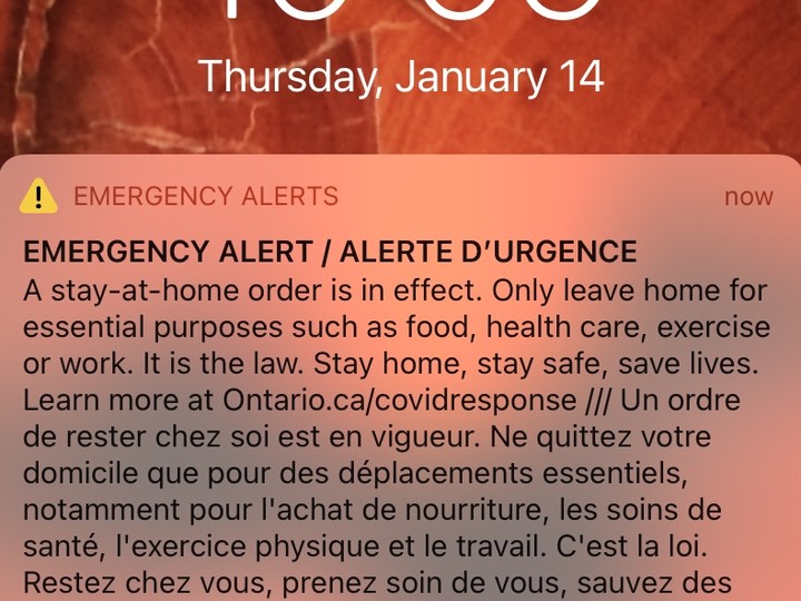  An emergency alert sent out to Ontarians about the stay-at-home order on Thursday, Jan. 14, 2021.