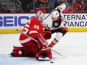 Max Jones of the Anaheim Ducks tries to get a shot past Jimmy Howard of the Detroit Red Wings at Little Caesars Arena on October 8, 2019 in Detroit.