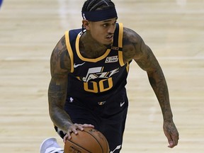 Jordan Clarkson of the Utah Jazz dribbles during a 125-105 preseason win over the L.A. Clippers at Staples Center on Dec. 17, 2020 in Los Angeles, Calif.