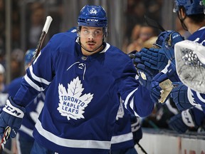 Auston Matthews of the Toronto Maple Leafs celebrates a goal against the Winnipeg Jets during an NHL game at Scotiabank Arena on January 8, 2020 in Toronto.