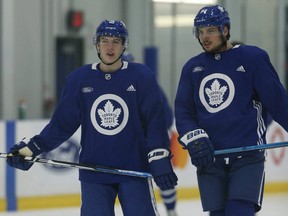 Toronto Maple Leafs Mitch Marner RW (16) and teammate Auston Matthews  (34) during practice in Toronto on Sunday January 13, 2019.