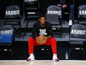 Kyle Lowry of the Raptors looks on before Game 3 of Toronto's first-round playoff series against the Brooklyn Nets at the ESPN Wide World Of Sports Complex in August.