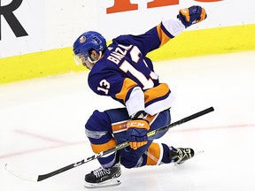 Mathew Barzal of the New York Islanders celebrates after against the Washington Capitals during the 2020 NHL Stanley Cup Playoffs at Scotiabank Arena on August 16, 2020 in Toronto.