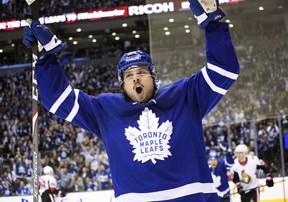 Maple Leafs sniper Auston Matthews celebrates a goal against the Ottawa Senators. The two teams will be seeing a lot of each other in this season’s all-Canadian North Division.